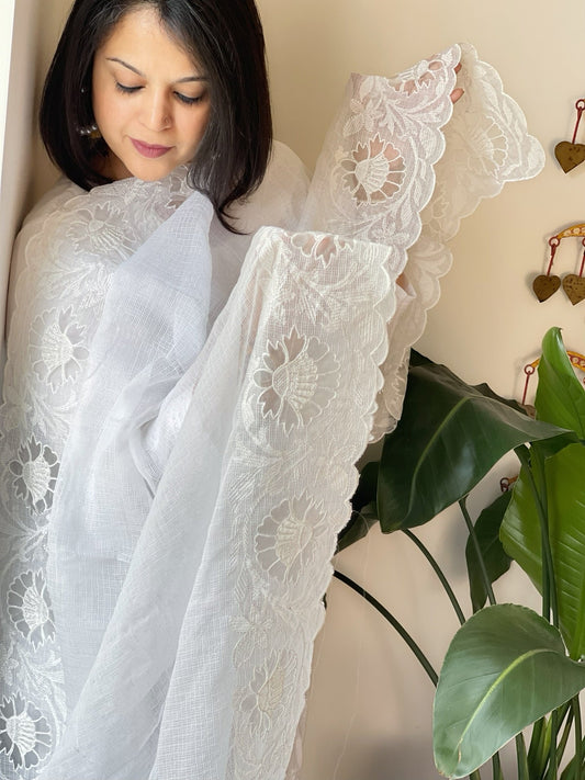 White Kota Cotton Dupatta with Cut Work - Masakalee