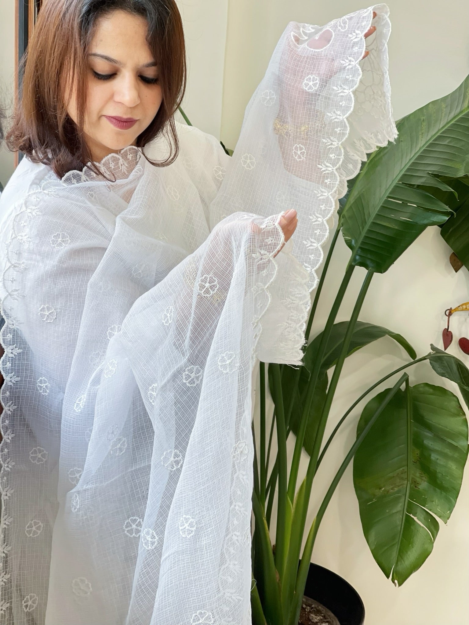 White Kota Cotton Dupatta with Cut Work - Masakalee