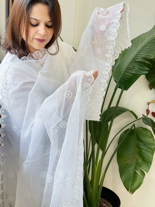 White Kota Cotton Dupatta with Cut Work - Masakalee