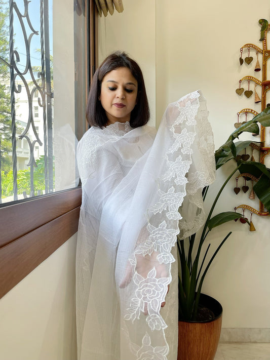 White Kota Cotton Dupatta with Cut Work - Masakalee