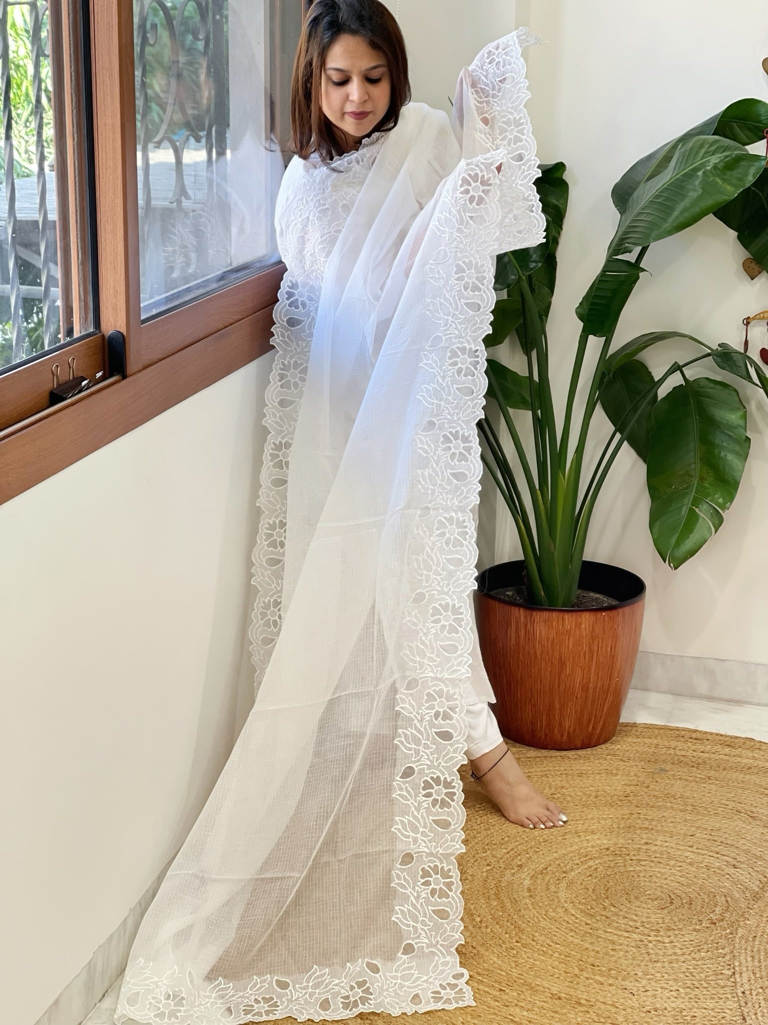 White Kota Cotton Dupatta with Cut Work - Masakalee