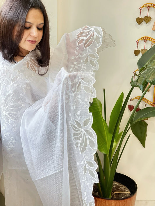 White Kota Cotton Dupatta with Cut Work - Masakalee