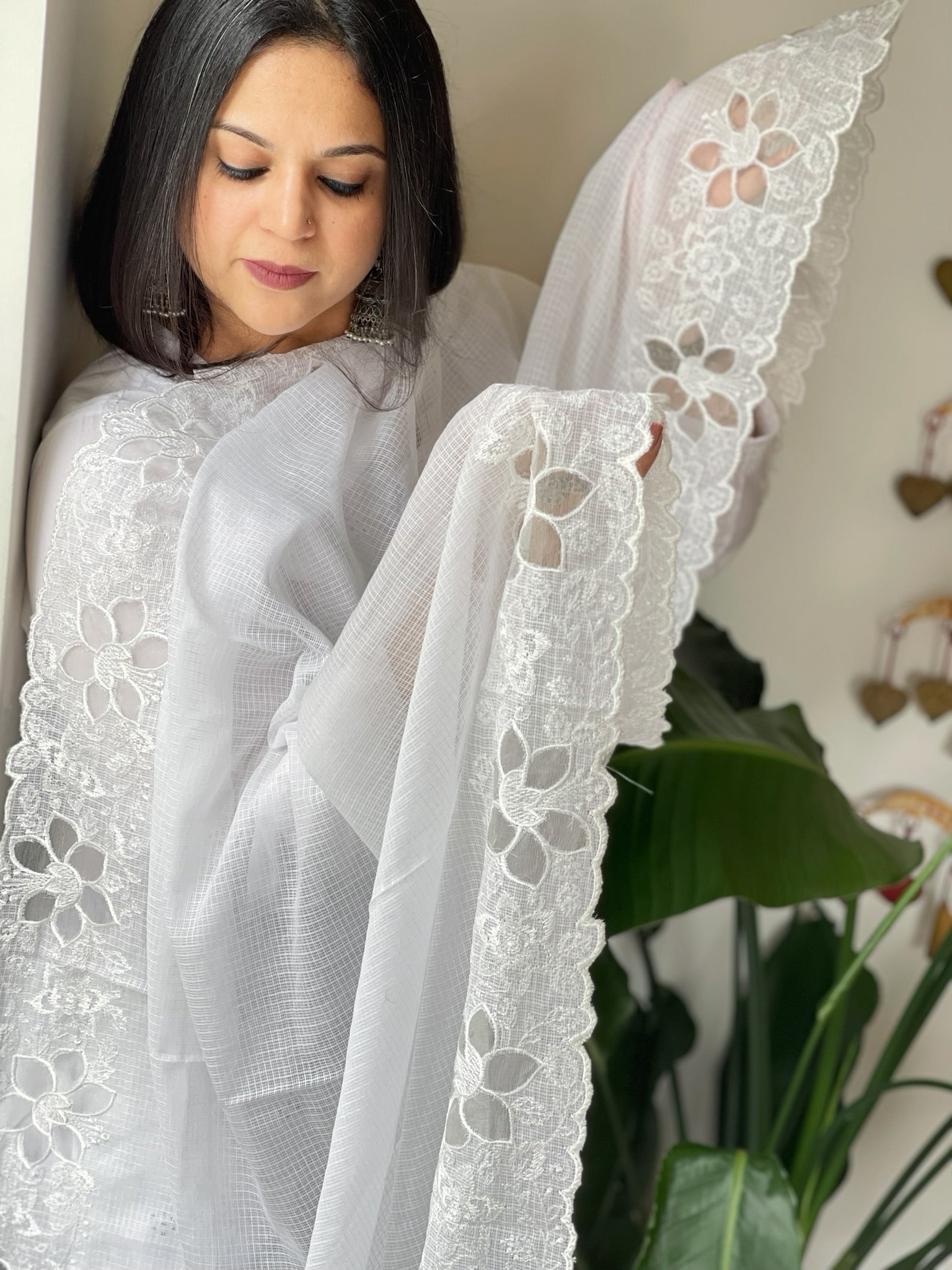White Kota Cotton Dupatta with Cut Work - Masakalee