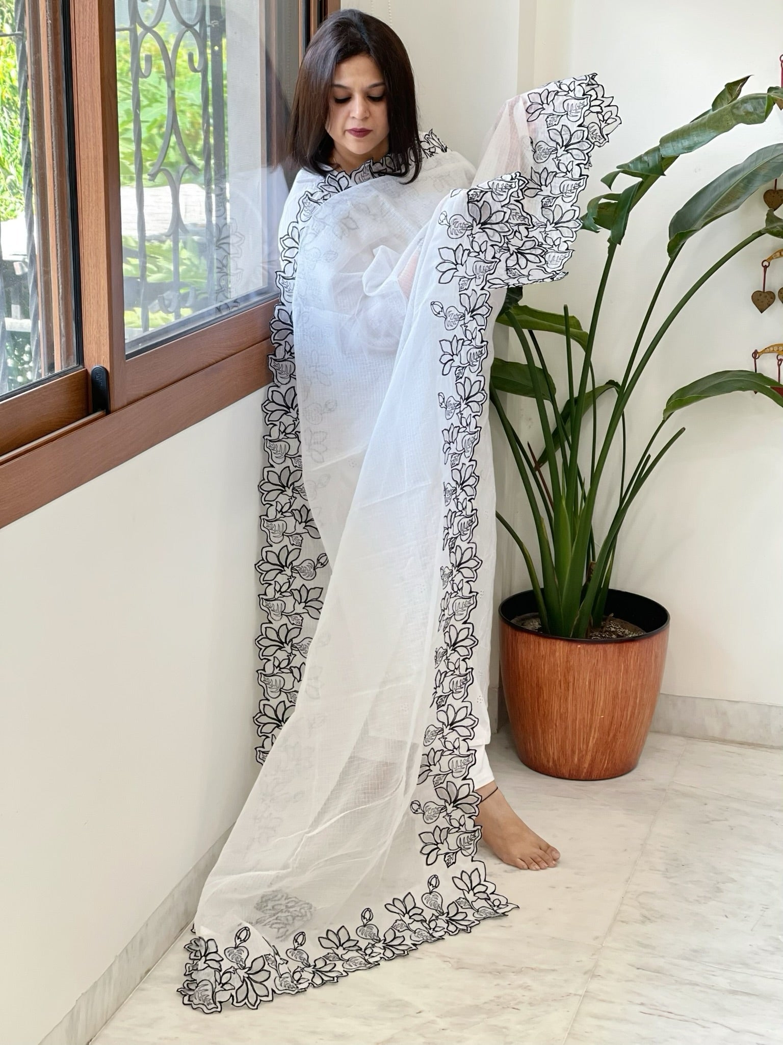 White Kota Cotton Dupatta with Cut Work - Masakalee