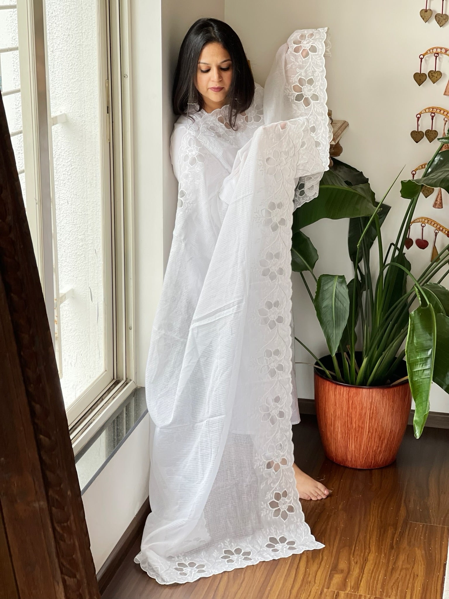 White Kota Cotton Dupatta with Cut Work - Masakalee