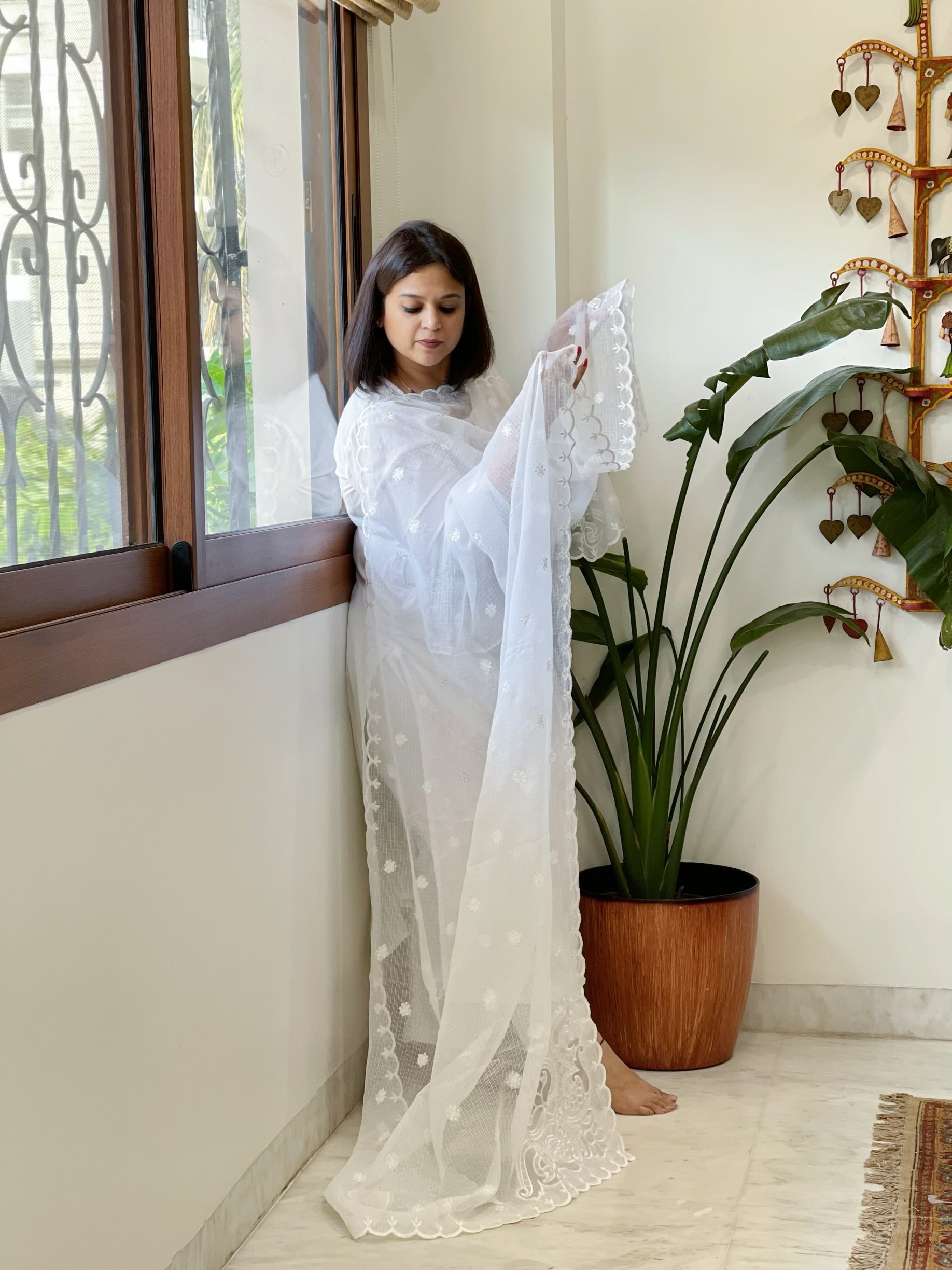 White Kota Cotton Dupatta with Cut Work - Masakalee