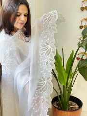 White Kota Cotton Dupatta with Cut Work - Masakalee