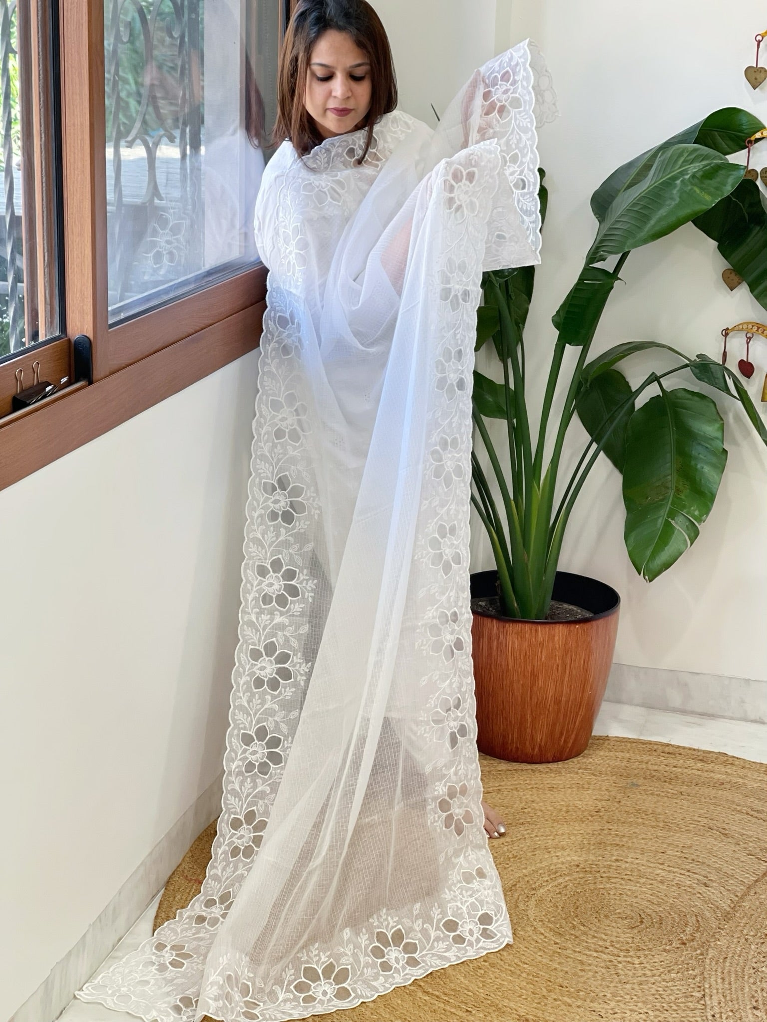 White Kota Cotton Dupatta with Cut Work - Masakalee