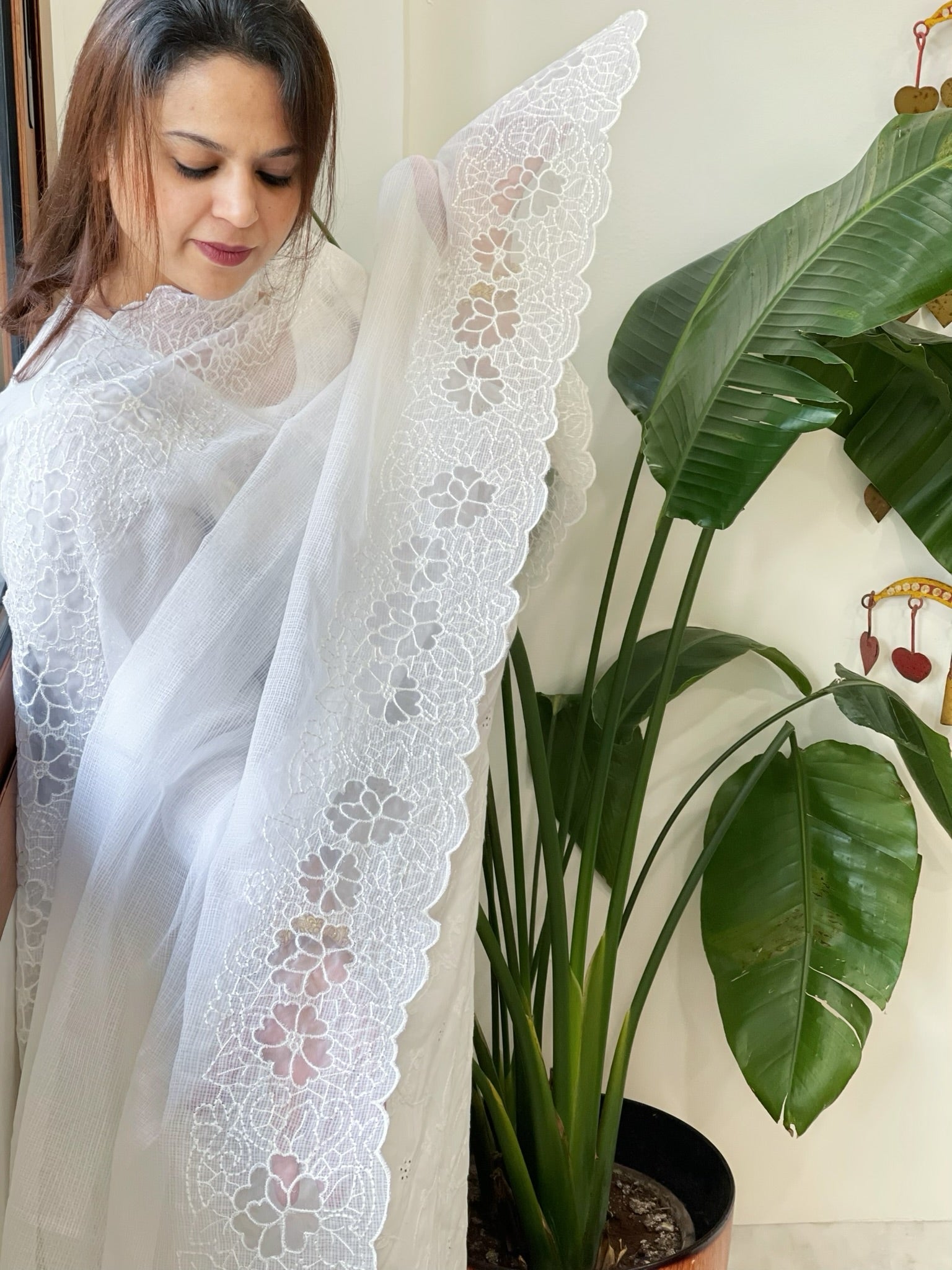 White Kota Cotton Dupatta with Cut Work - Masakalee