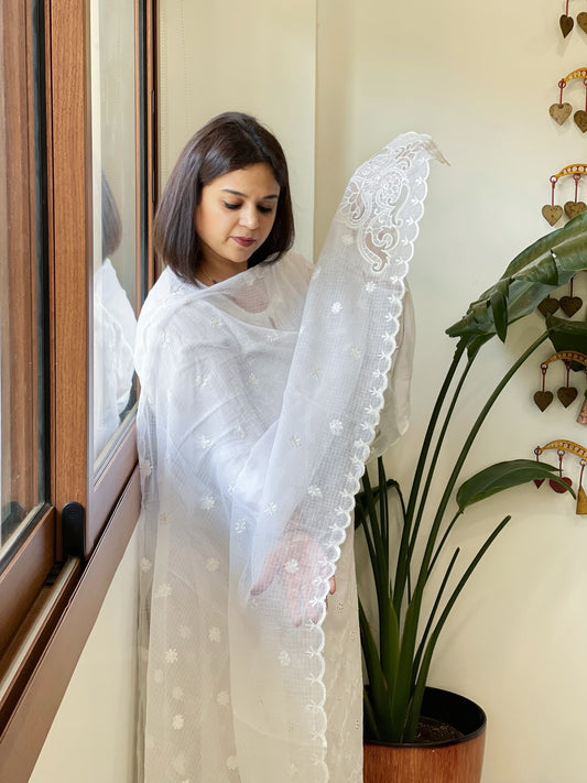 White Kota Cotton Dupatta with Cut Work - Masakalee