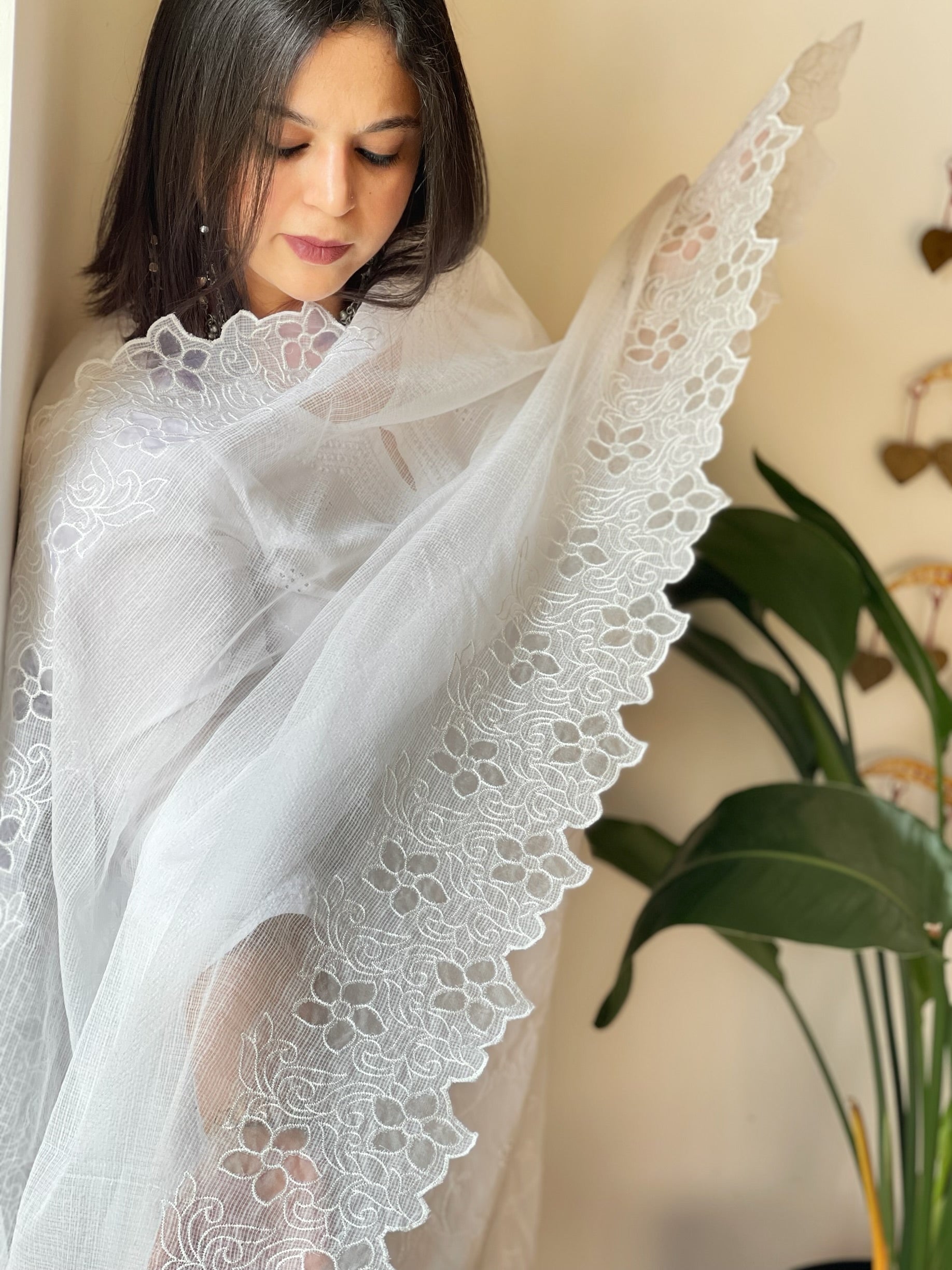 White Kota Cotton Dupatta with Cut Work - Masakalee