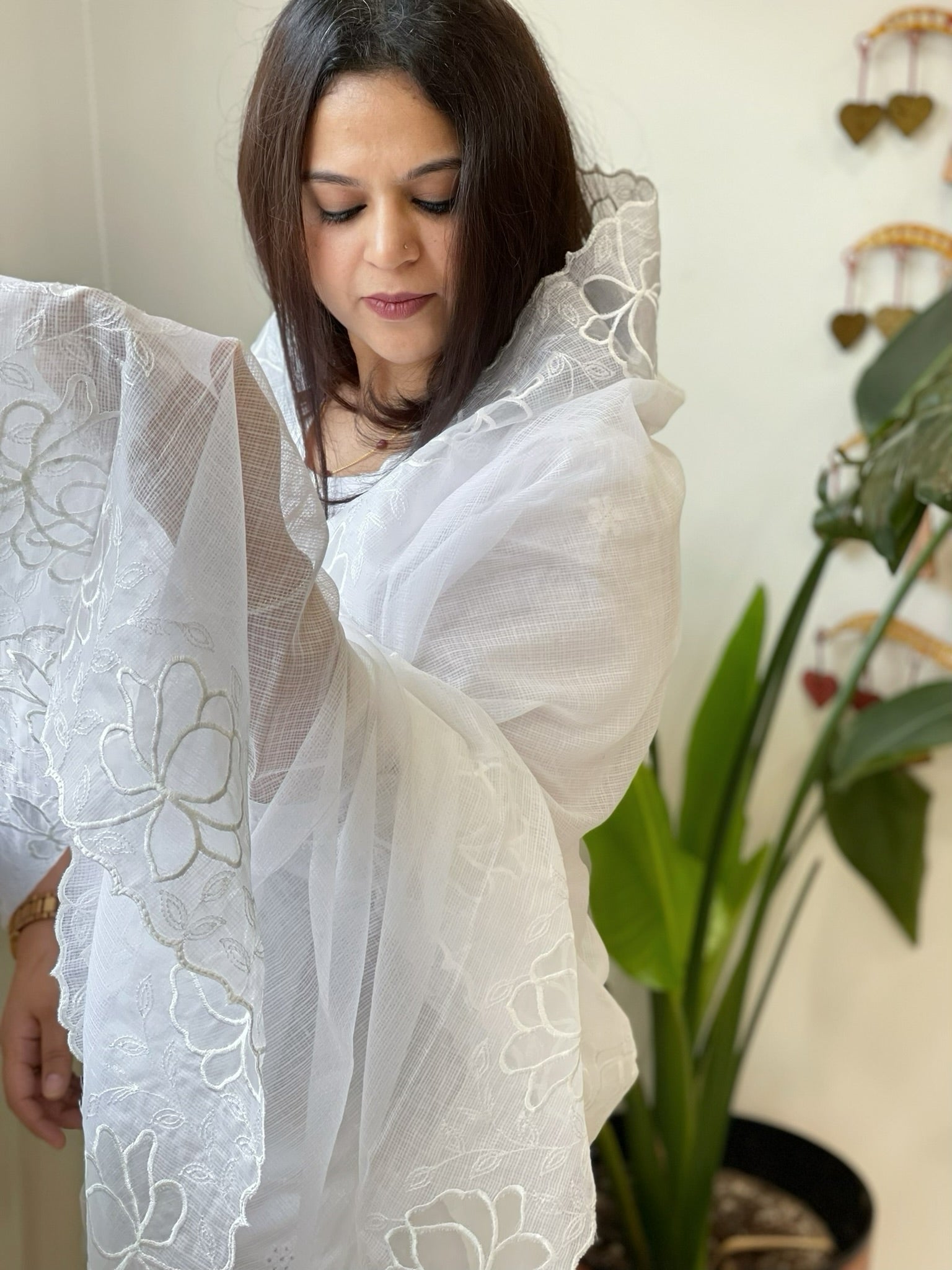 White Kota Cotton Dupatta with Cut Work - Masakalee