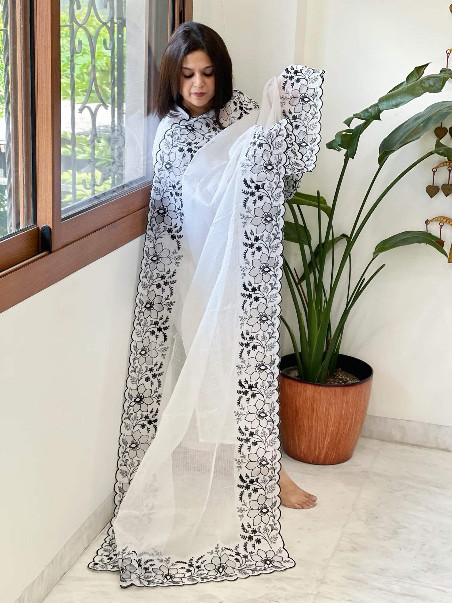White Kota Cotton Dupatta with Cut Work - Masakalee