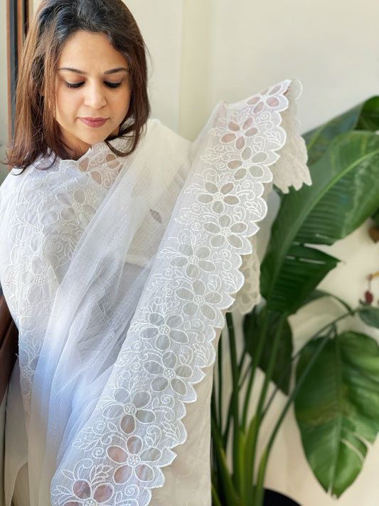 White Kota Cotton Dupatta with Cut Work - Masakalee