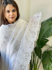 White Kota Cotton Dupatta with Cut Work - Masakalee