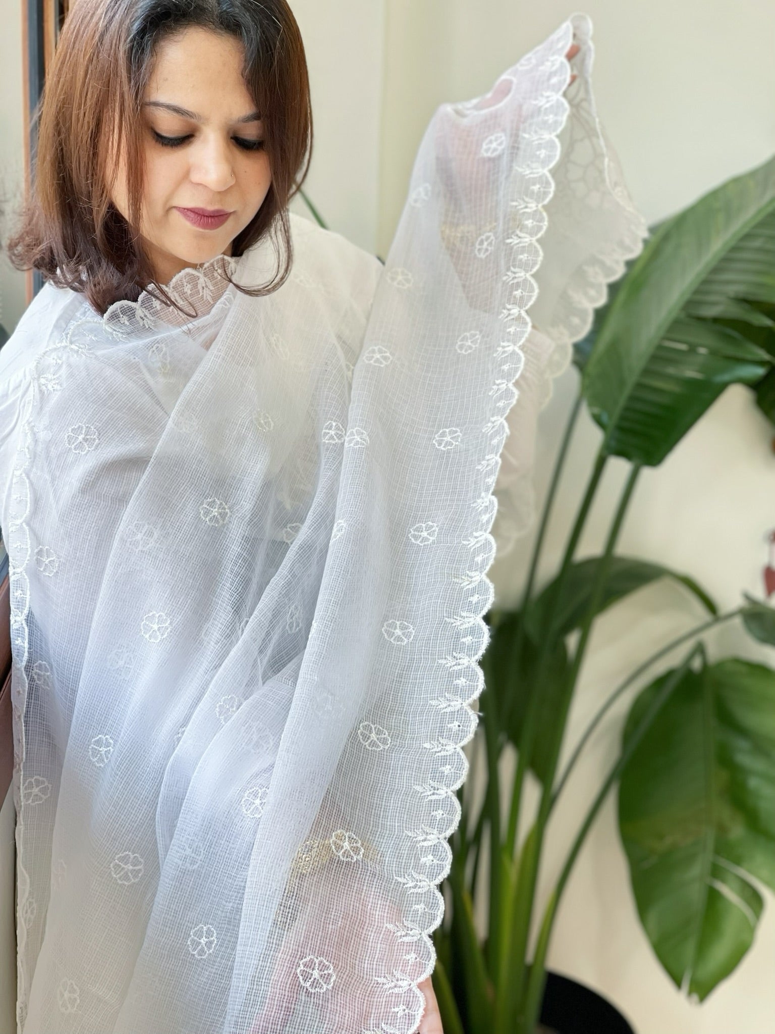 White Kota Cotton Dupatta with Cut Work - Masakalee