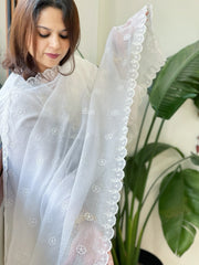 White Kota Cotton Dupatta with Cut Work - Masakalee