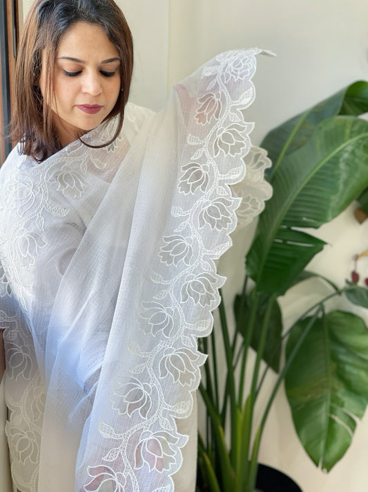 White Kota Cotton Dupatta with Cut Work - Masakalee