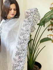 White Kota Cotton Dupatta with Cut Work - Masakalee
