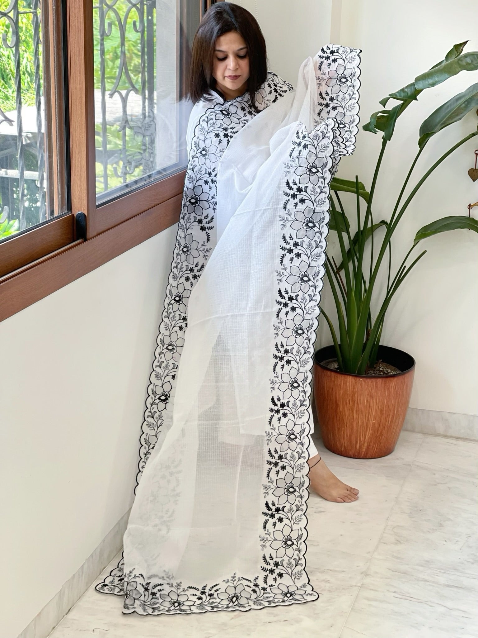 White Kota Cotton Dupatta with Cut Work - Masakalee