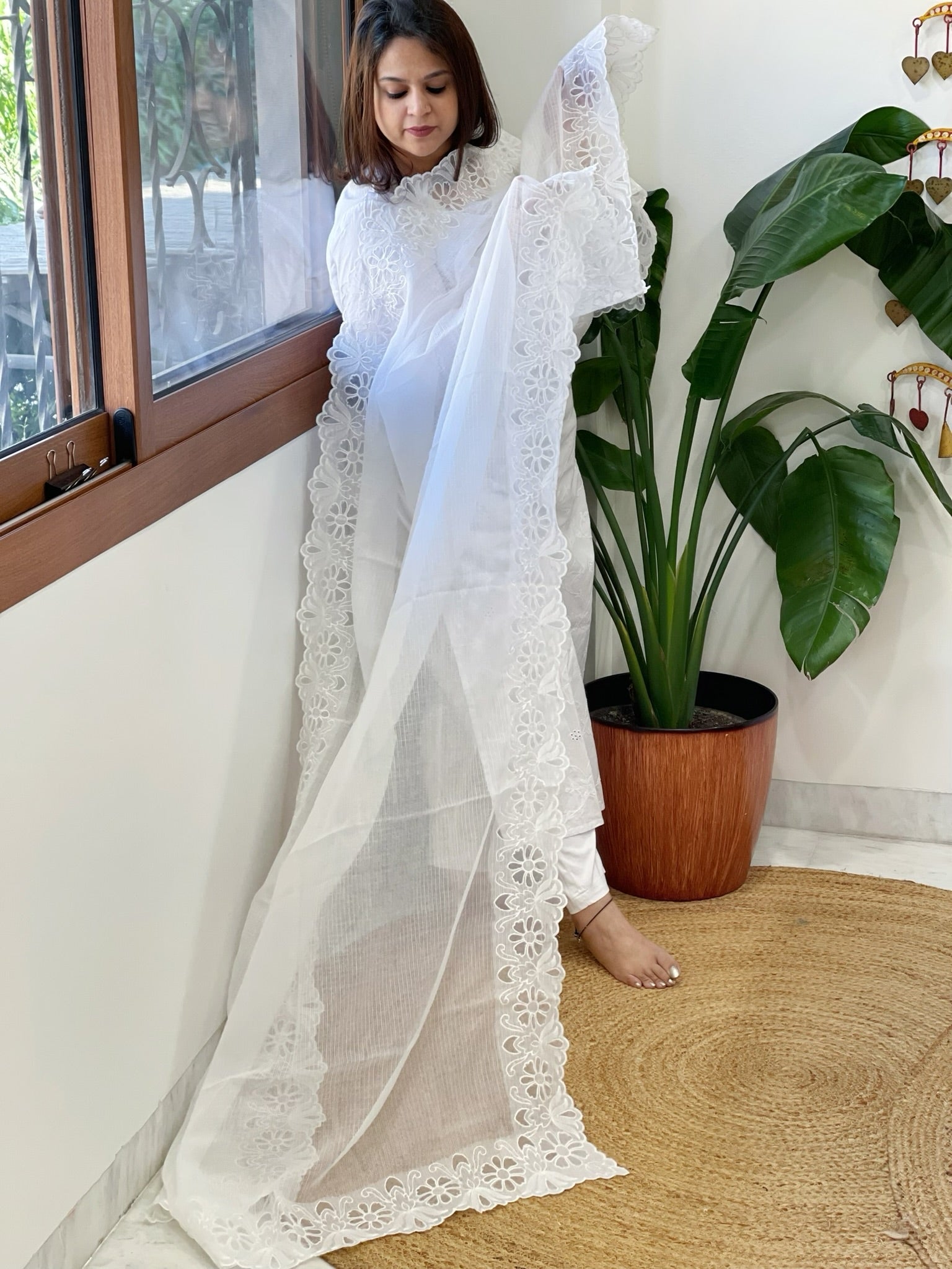 White Kota Cotton Dupatta with Cut Work - Masakalee