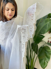 White Kota Cotton Dupatta with Cut Work - Masakalee