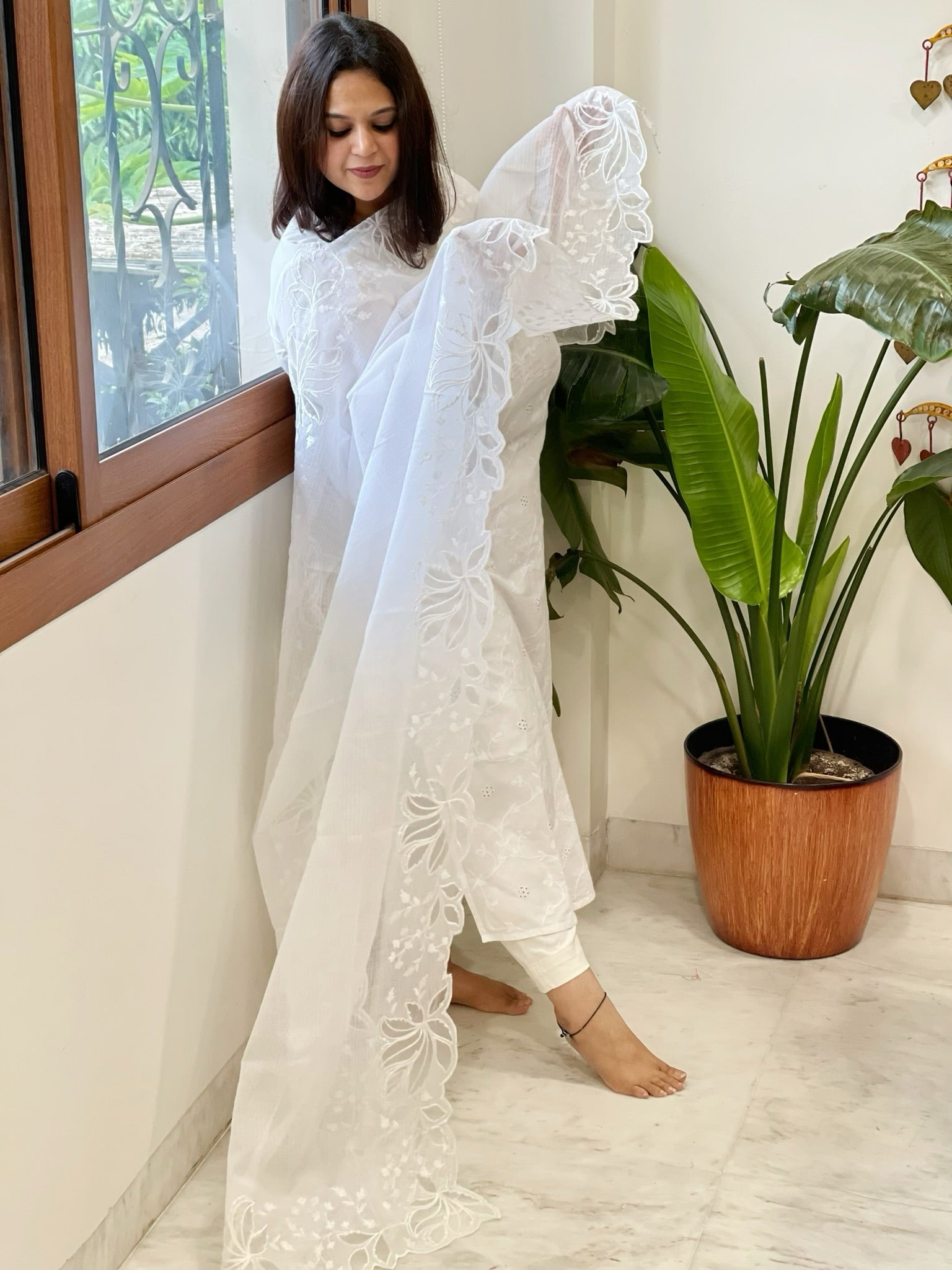 White Kota Cotton Dupatta with Cut Work - Masakalee