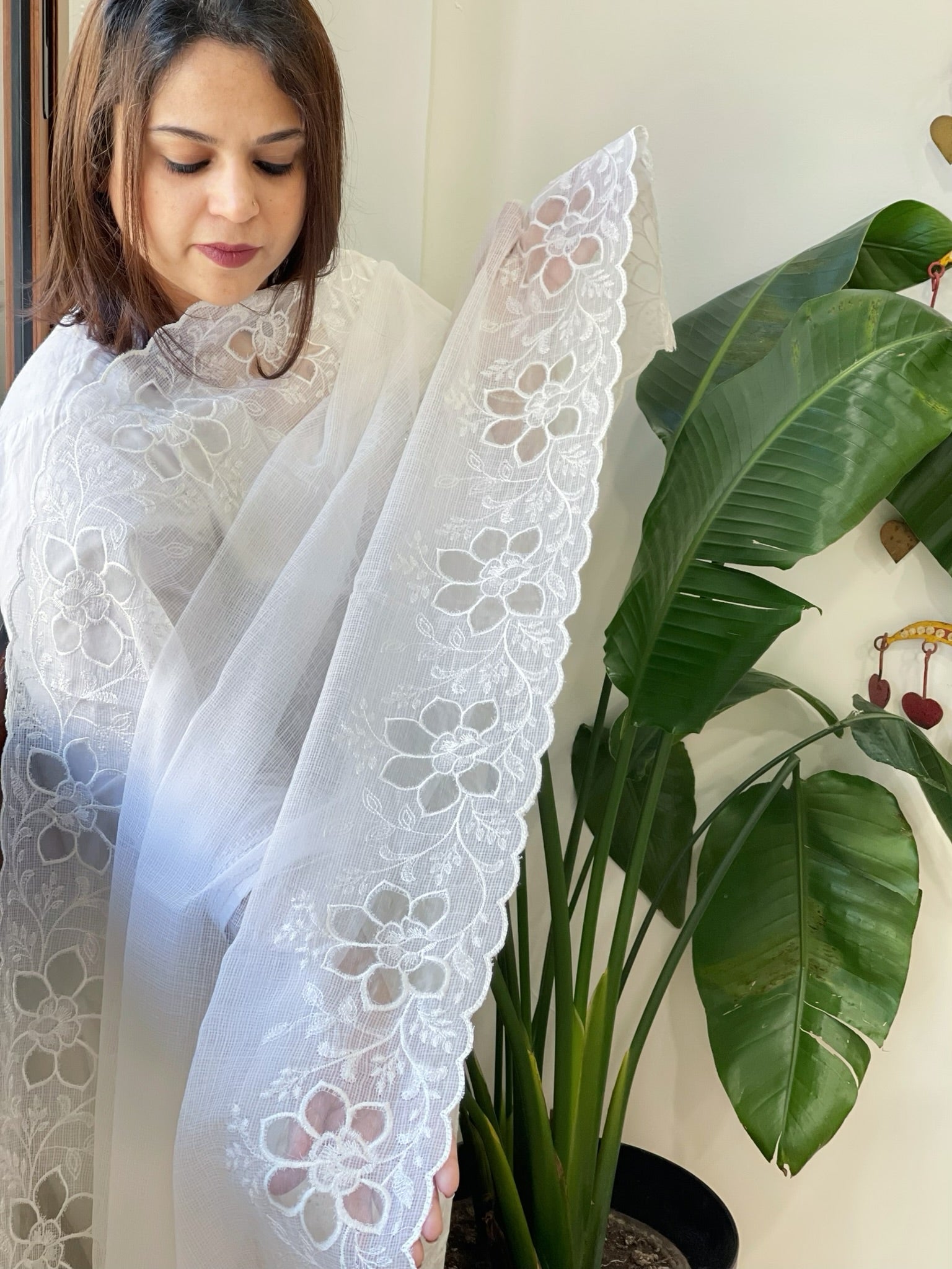 White Kota Cotton Dupatta with Cut Work - Masakalee