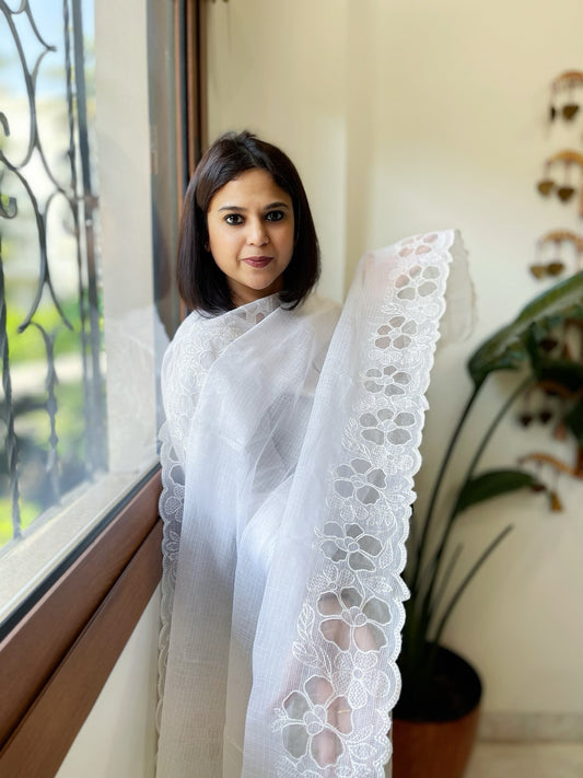 White Kota Cotton Dupatta with Cut Work - Masakalee