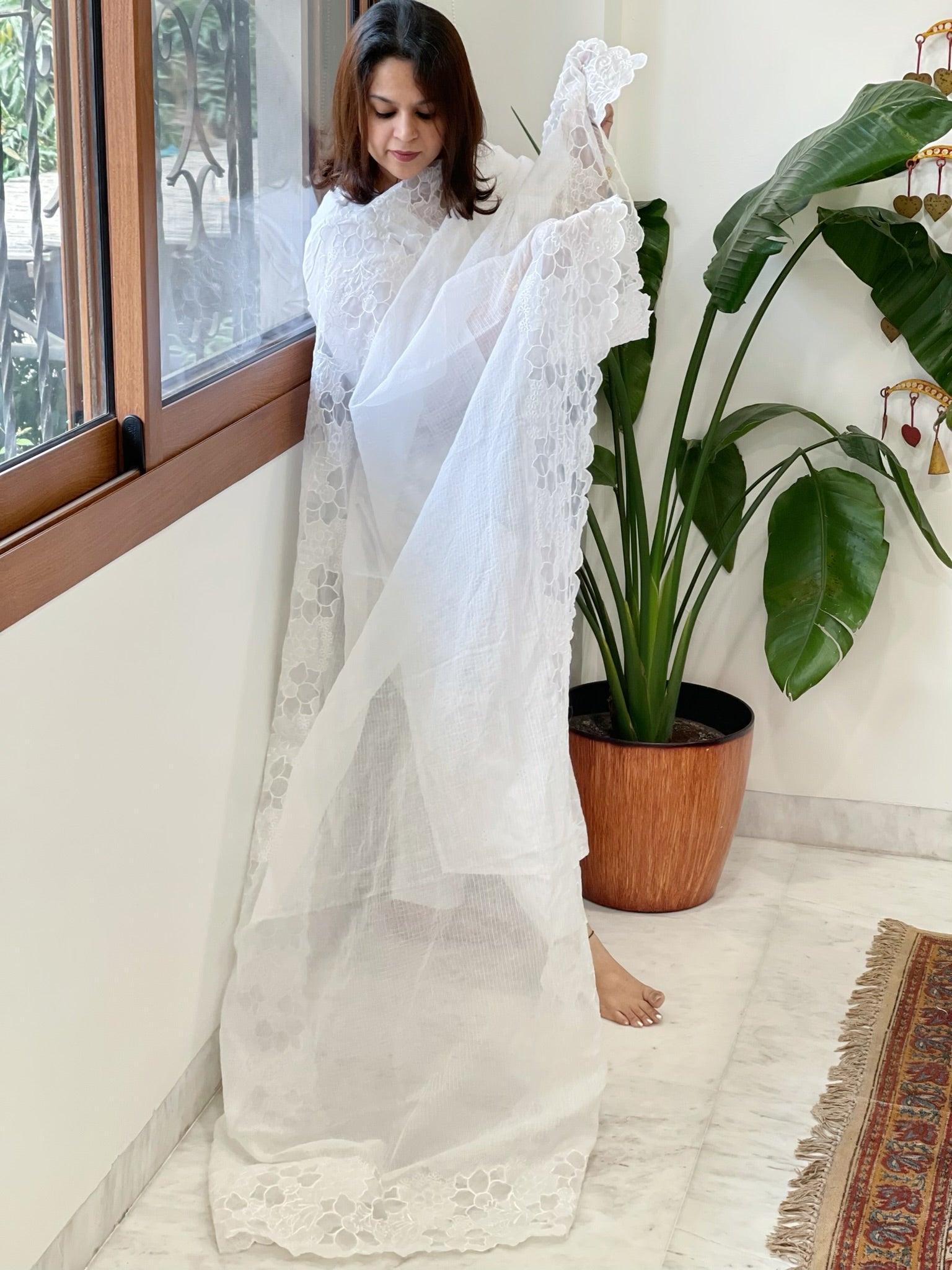 White Kota Cotton Dupatta with Cut Work - Masakalee