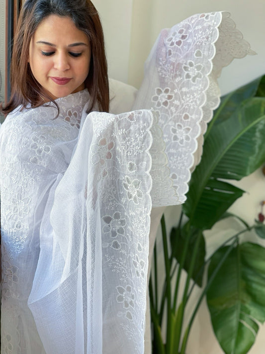 White Kota Cotton Dupatta with Cut Work - Masakalee