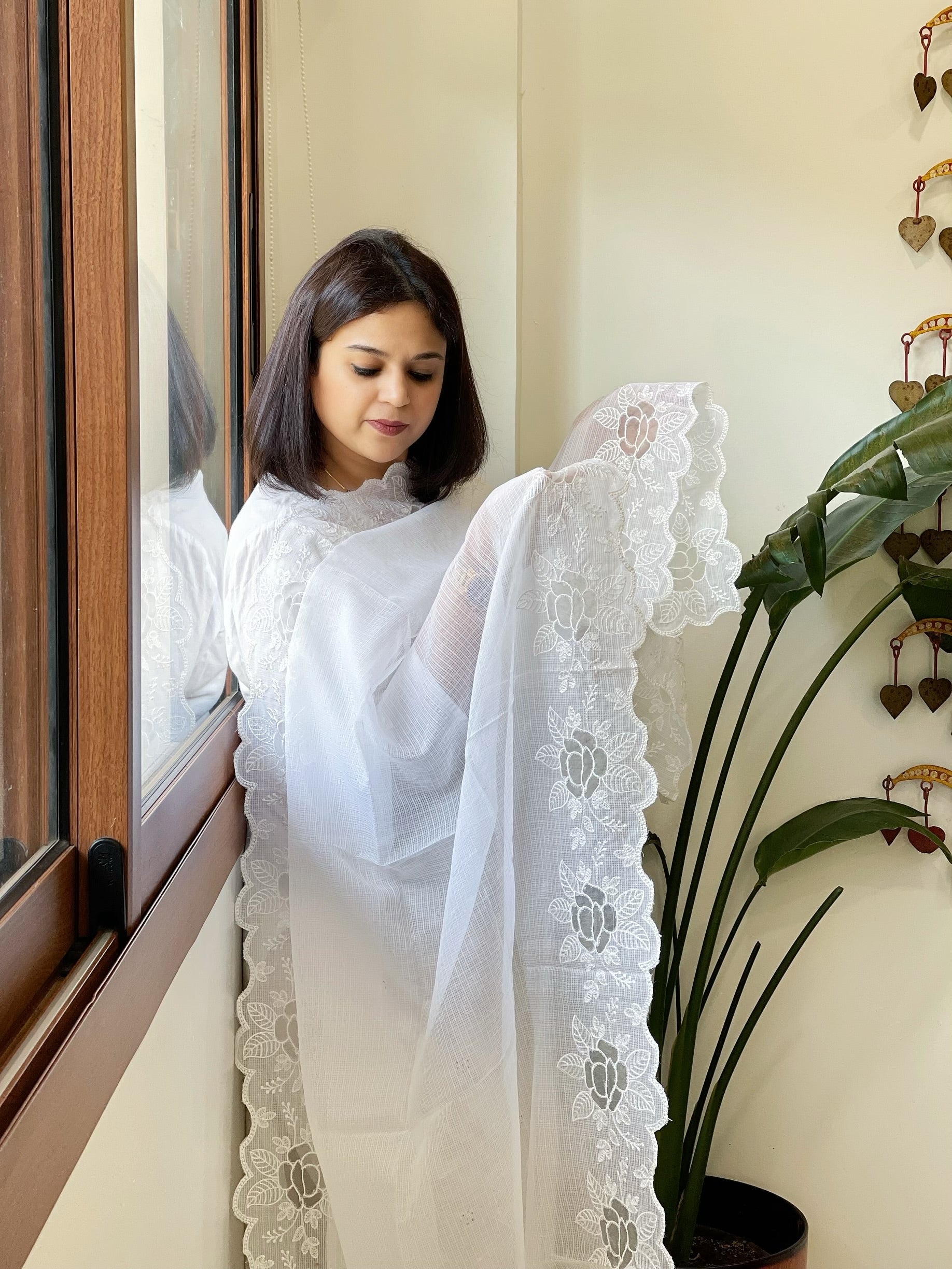 White Kota Cotton Dupatta with Cut Work - Masakalee
