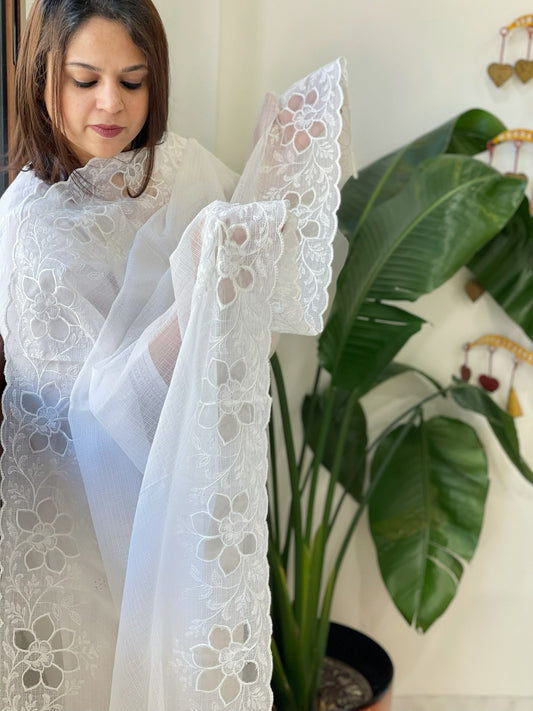 White Kota Cotton Dupatta with Cut Work - Masakalee