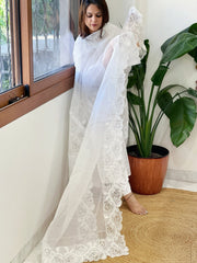 White Kota Cotton Dupatta with Cut Work - Masakalee