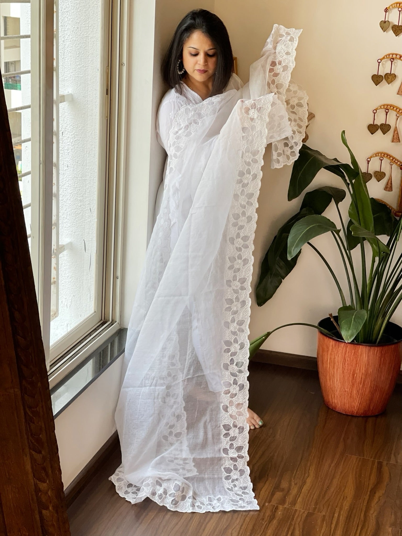 White Kota Cotton Dupatta with Cut Work - Masakalee