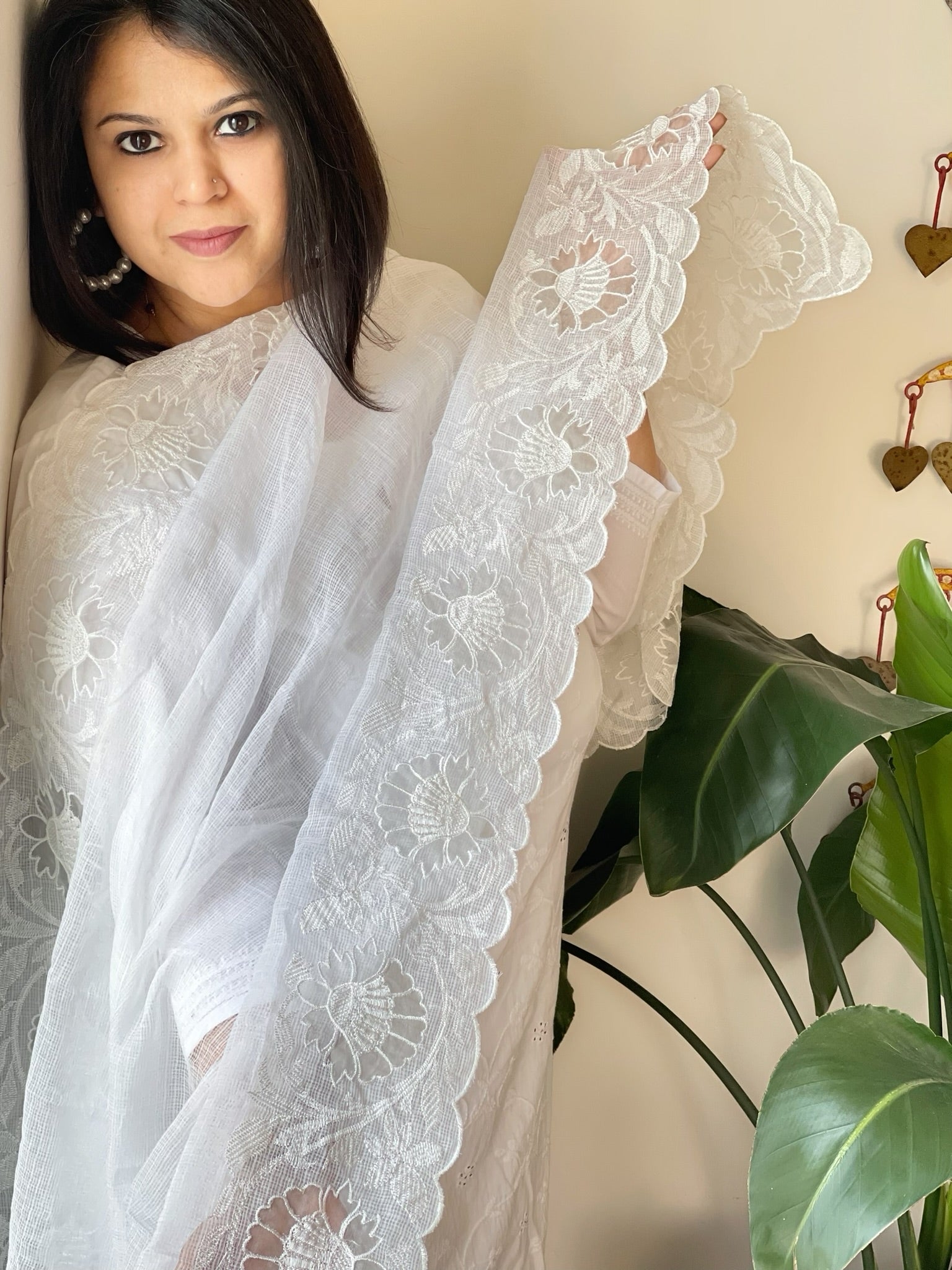 White Kota Cotton Dupatta with Cut Work - Masakalee