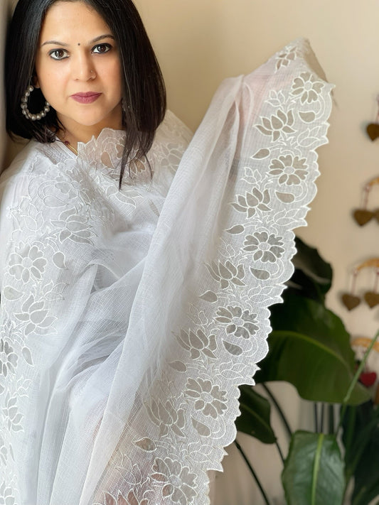White Kota Cotton Dupatta with Cut Work - Masakalee