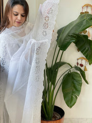 White Kota Cotton Dupatta with Cut Work - Masakalee