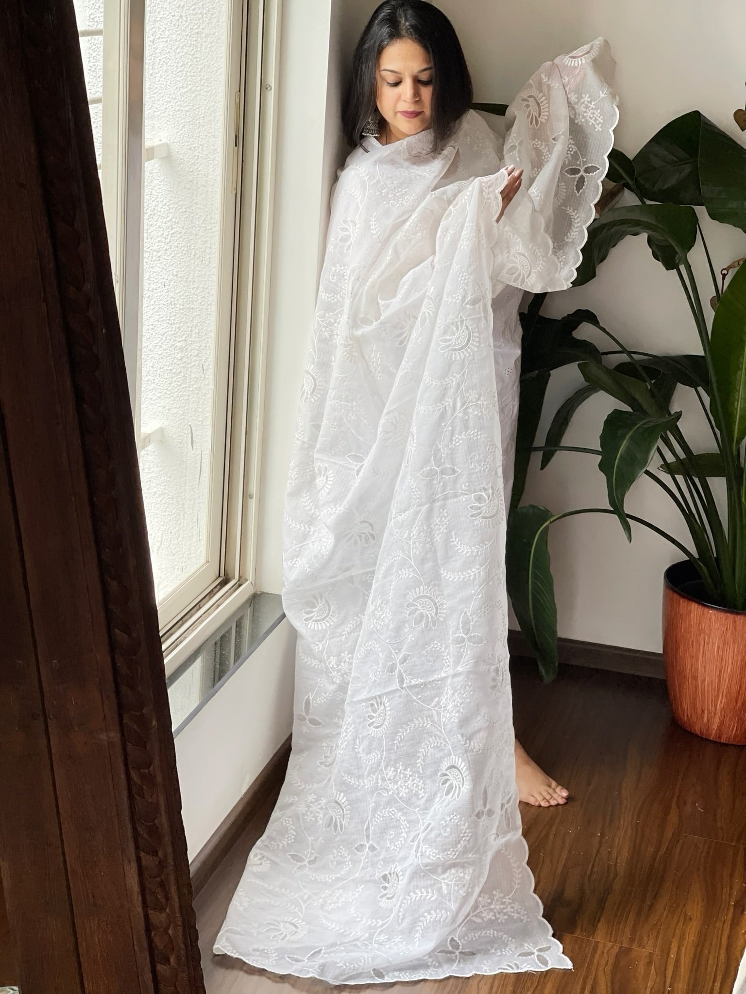 White Kota Cotton Dupatta with Cut Work Jaal - Masakalee