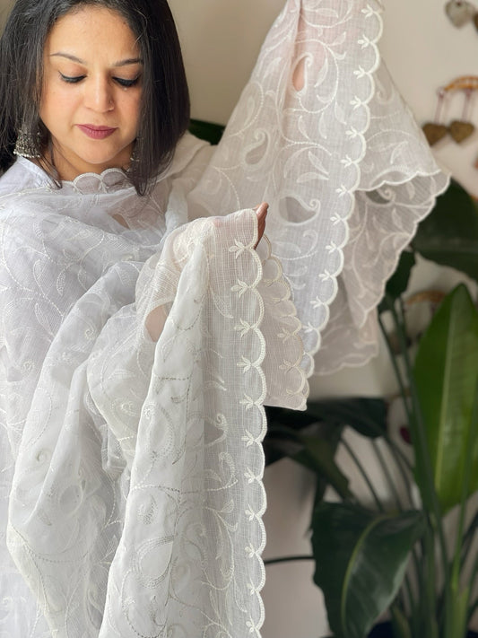 White Kota Cotton Dupatta with Cut Work Jaal - Masakalee