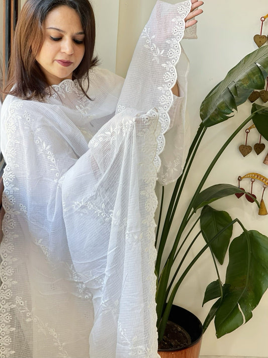 White Kota Cotton Dupatta with Embroidery - Masakalee