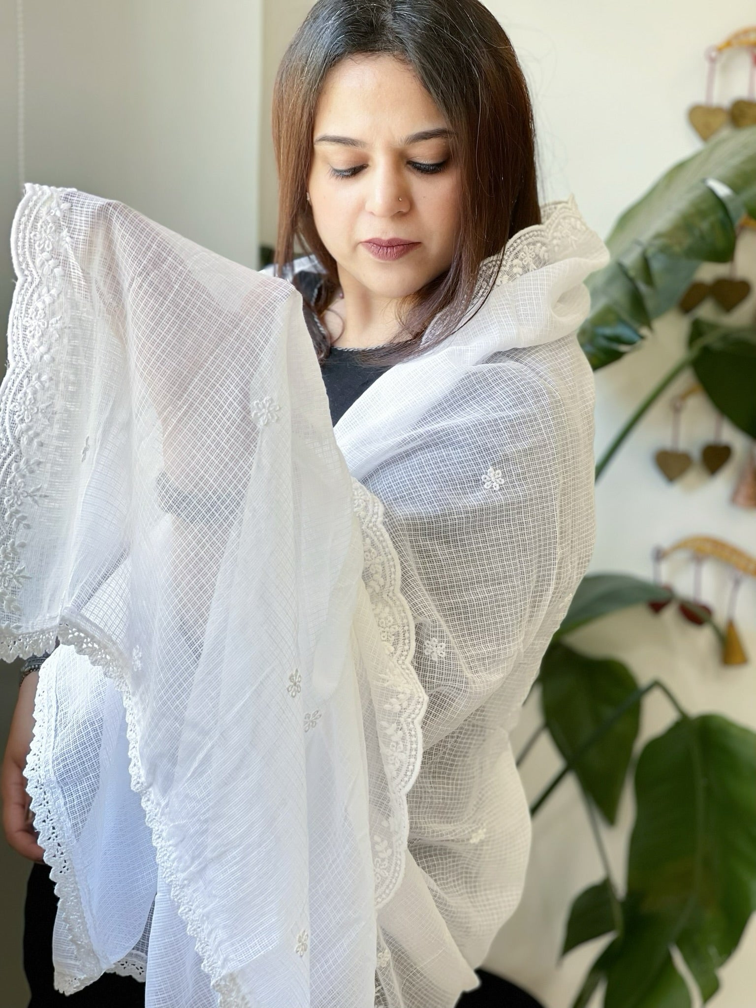 White Kota Cotton Dupatta with Embroidery - Masakalee