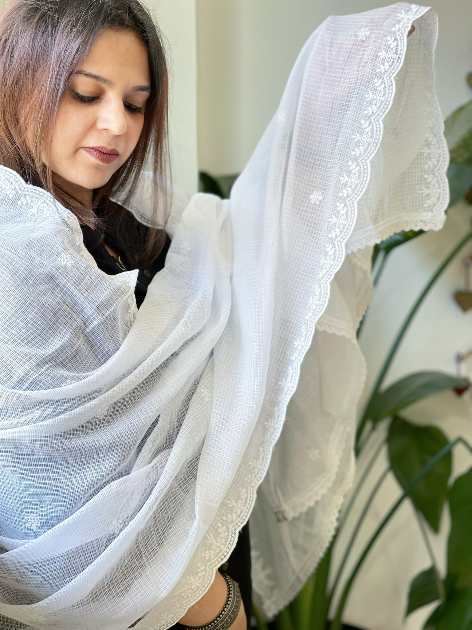 White Kota Cotton Dupatta with Embroidery - Masakalee