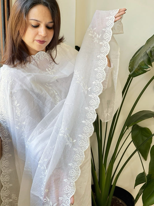 White Kota Cotton Dupatta with Embroidery - Masakalee