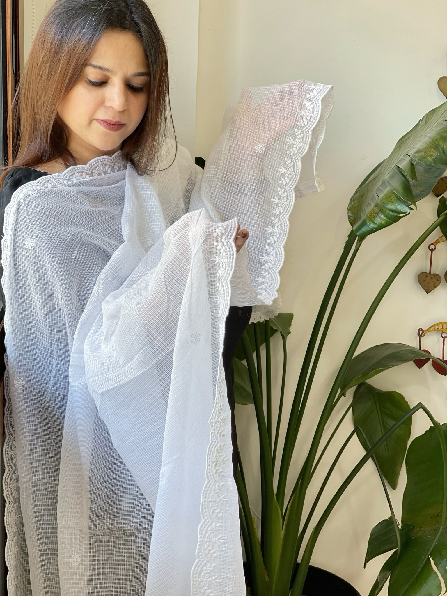 White Kota Cotton Dupatta with Embroidery - Masakalee