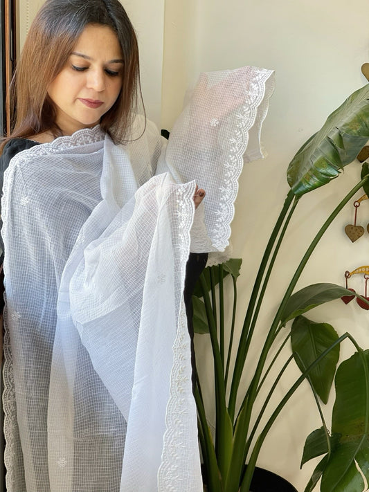 White Kota Cotton Dupatta with Embroidery - Masakalee