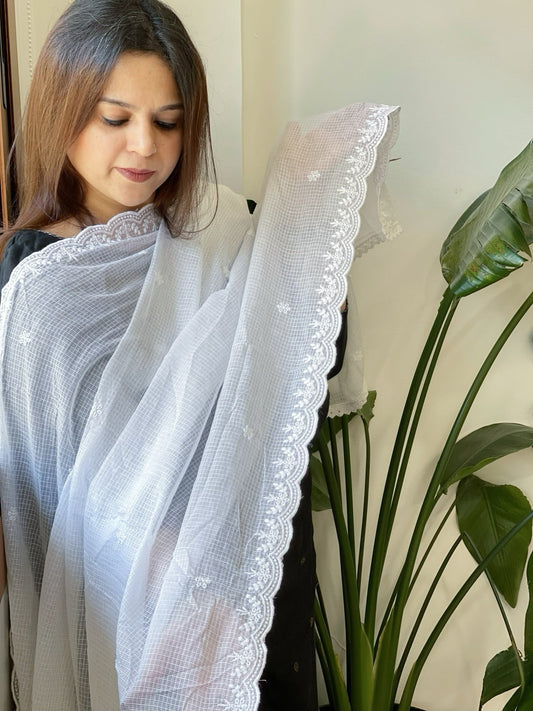 White Kota Cotton Dupatta with Embroidery - Masakalee