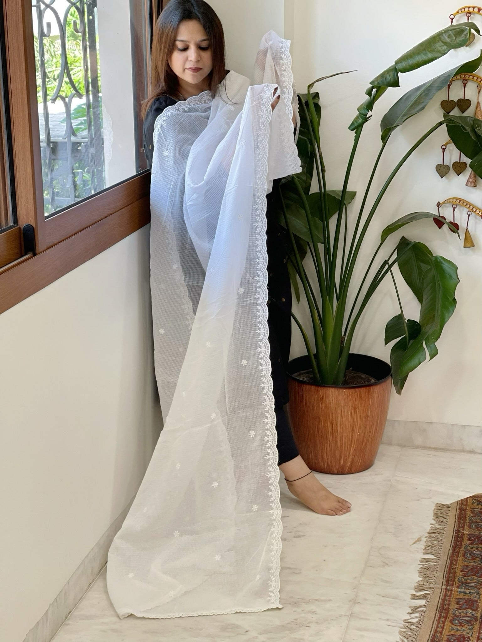 White Kota Cotton Dupatta with Embroidery - Masakalee