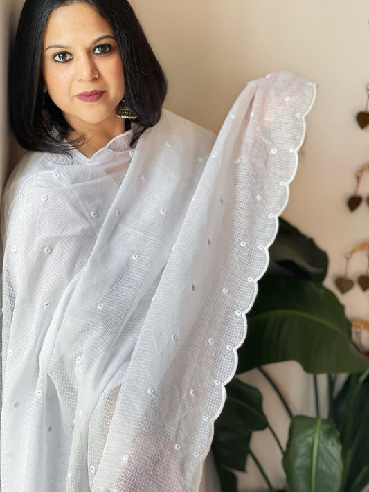 White Kota Cotton Dupatta with Embroidery and foil mirror work - Masakalee