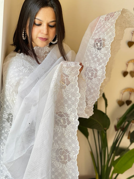 White Kota Cotton Dupatta with Mirror and Cut Work - Masakalee